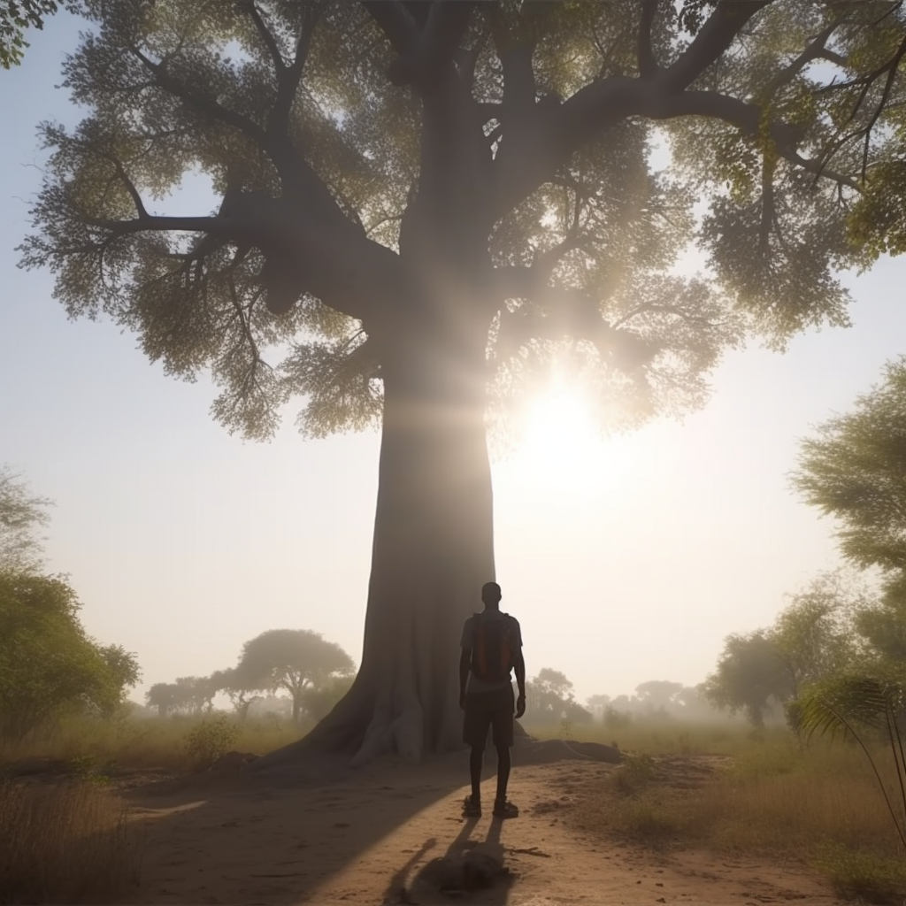 homme face à un baobab au sénégal